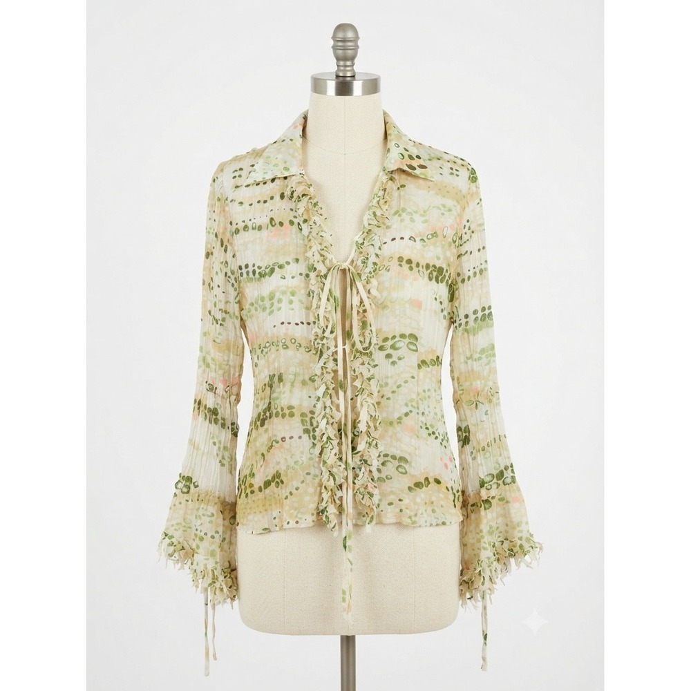 Violet & Claire Pleated Blouse Top M Green Abstract Dot Y2K Fairycore Boho‎